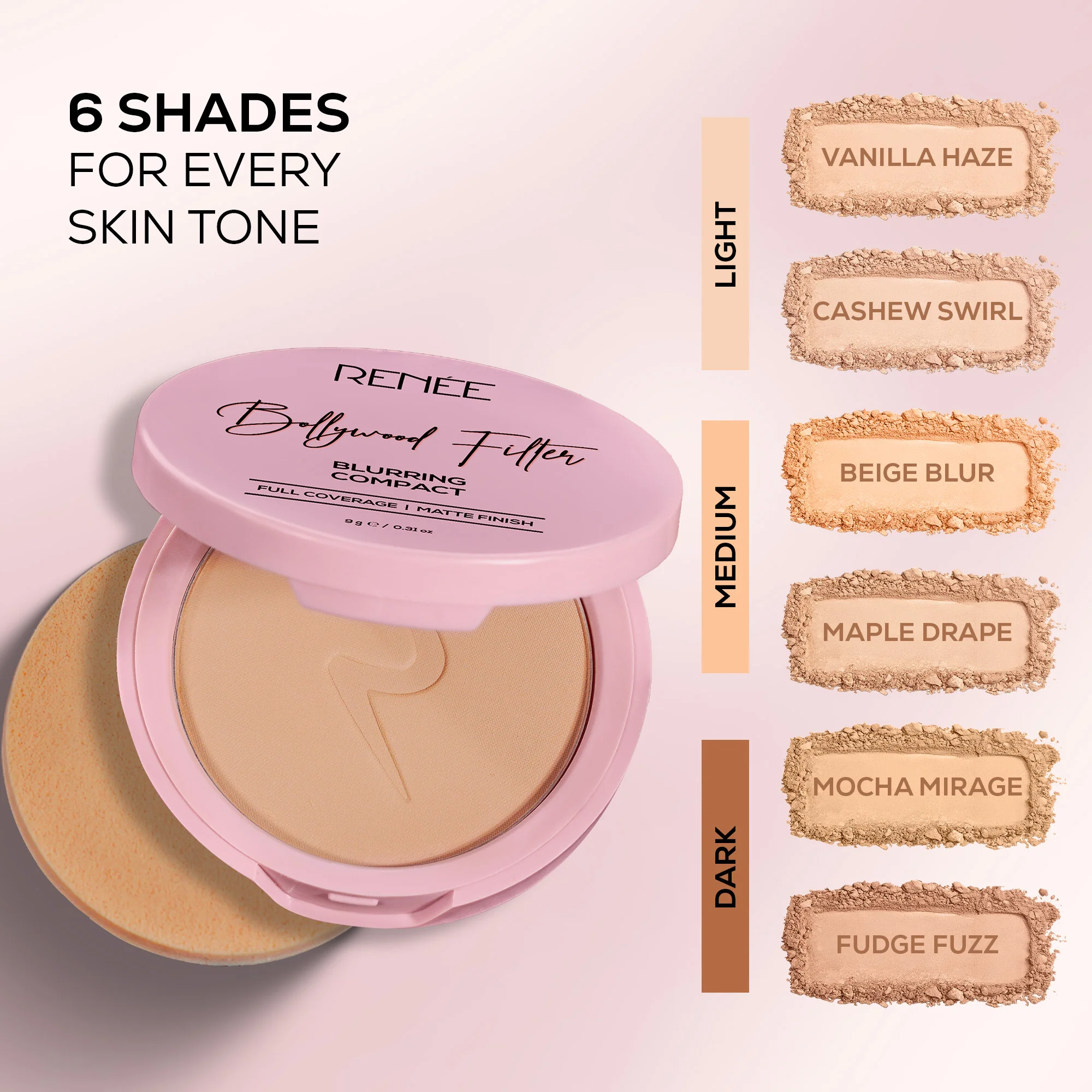 RENEE Bollywood Filter Pore Minimising Blurring Compact With Matte Finish & Full Coverage, 9 g - Image 20