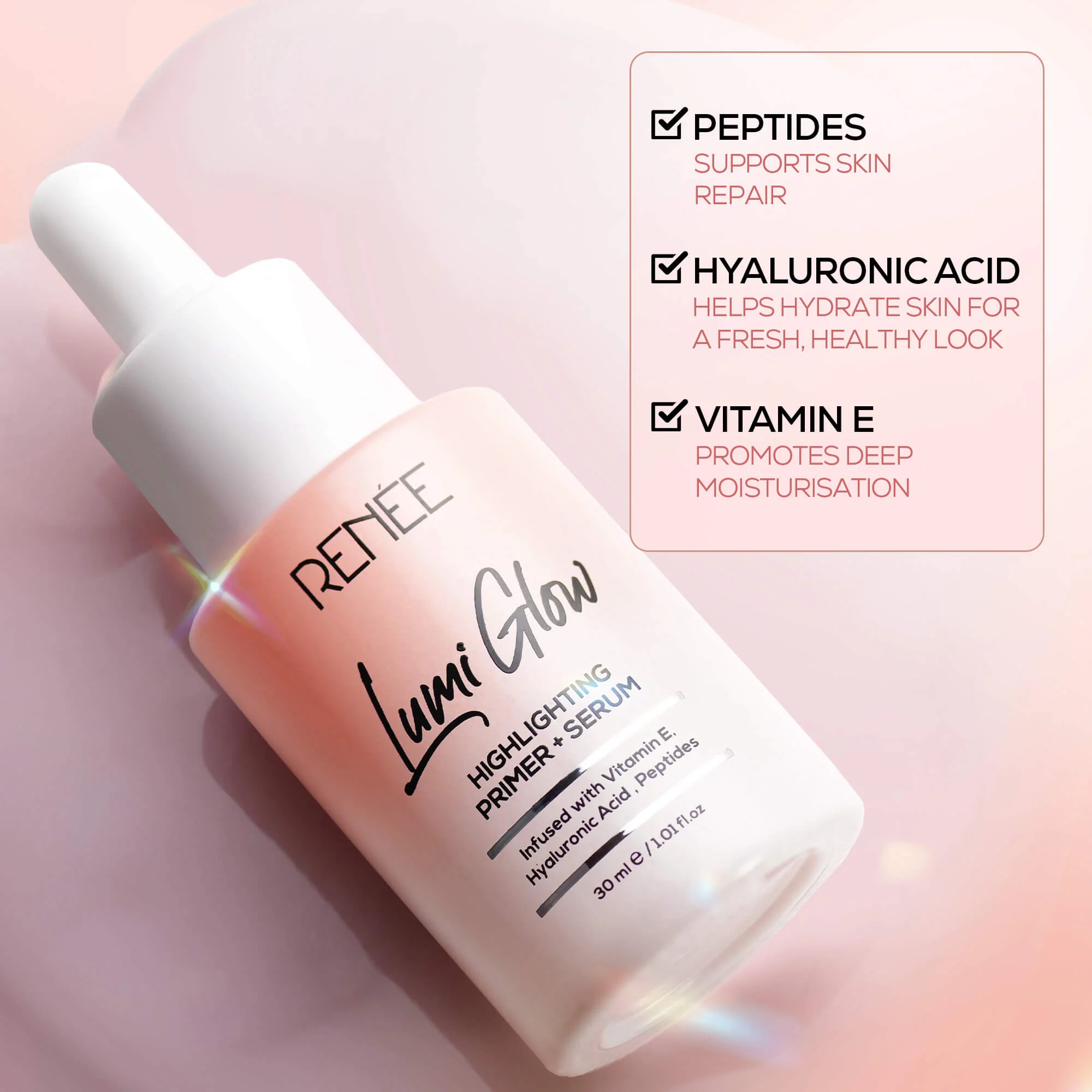 RENEE Lumi Glow Highlighting Primer + Serum With Hyaluronic Acid For Luminous & 3D Glow, 30ml - Image 3