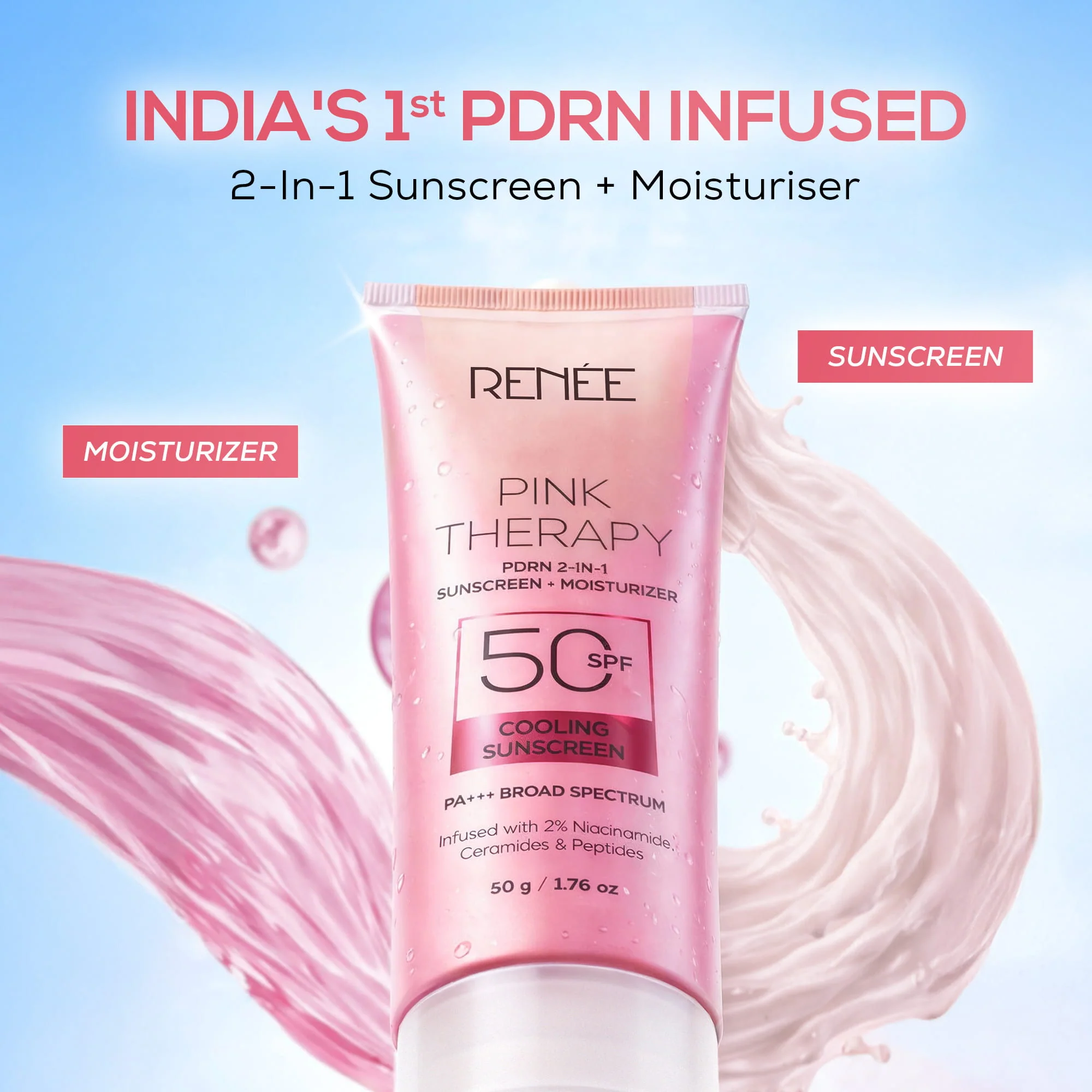 RENEE Pink Therapy PDRN 2-In-1 Sunscreen + Moisturizer | In-Vivo Tested SPF 50 PA+++ With 2% Niacinamide, Ceramides & Peptides, 50g - Image 2
