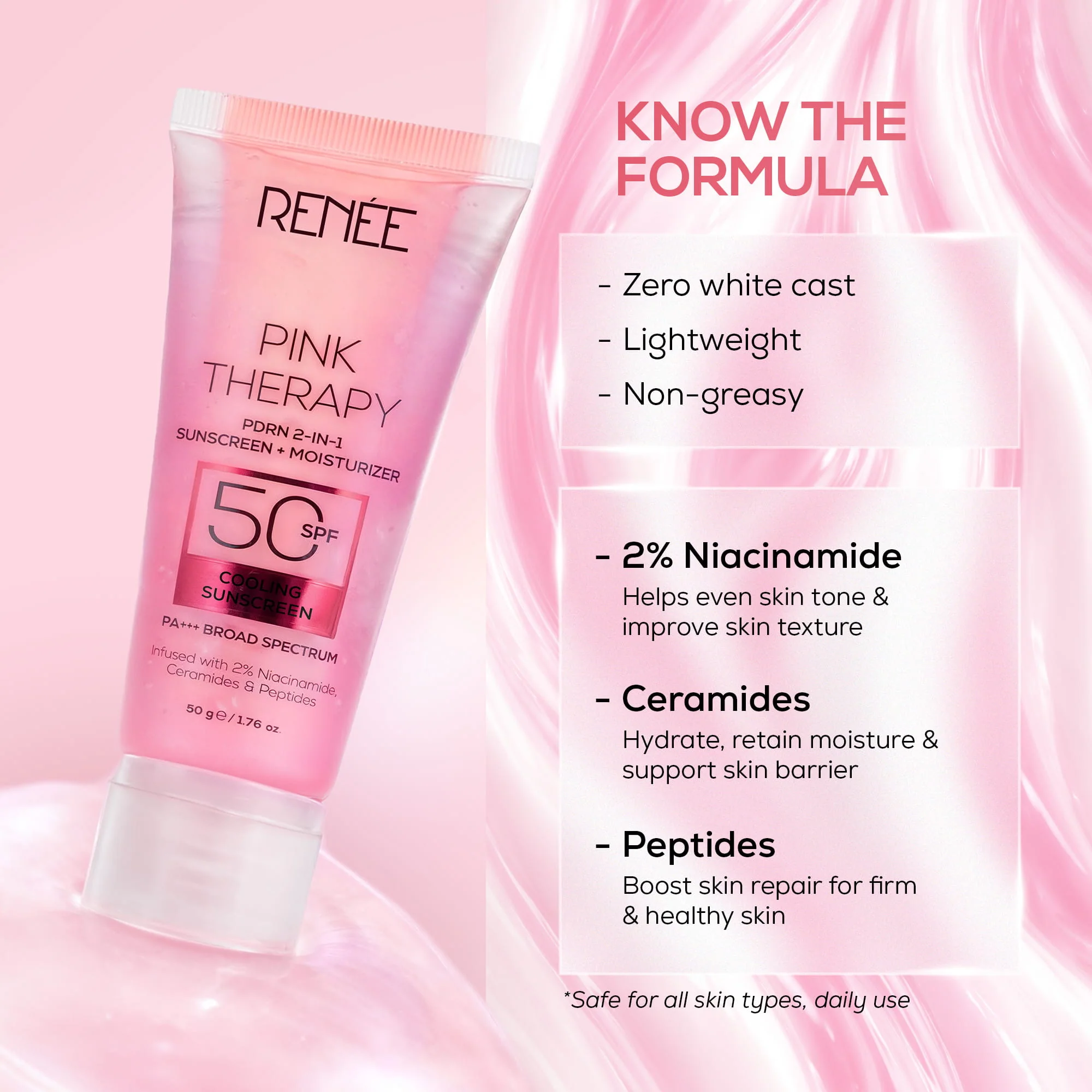 RENEE Pink Therapy PDRN 2-In-1 Sunscreen + Moisturizer | In-Vivo Tested SPF 50 PA+++ With 2% Niacinamide, Ceramides & Peptides, 50g - Image 6